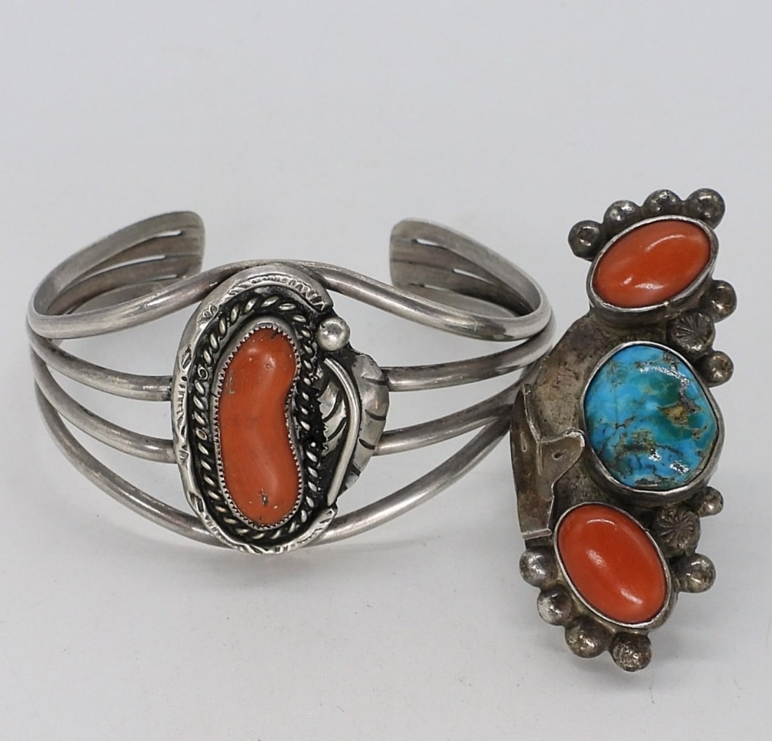 Native American Red Coral Cuff & Ring: Native American red coral cuff bracelet, no markings. Large sterling Navajo turquoise and red coral ring. Top of ring is 2" long. Ring is size 6.5 (20 dwt)