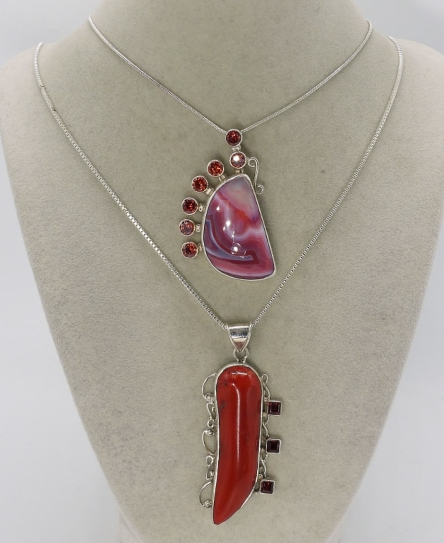 Red Coral & Agate Sterling Necklaces: Two sterling necklaces with Red Coral, Agate and Garnet Gemstones. Pendants measure 2-3" long. Chains are 16" and 22" long. (16 dwt)