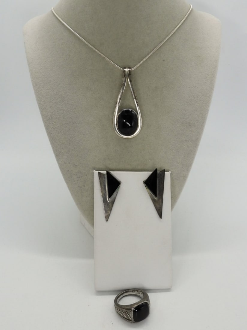 Black Onyx Sterling Necklace, Ring Set (1 of 3)
