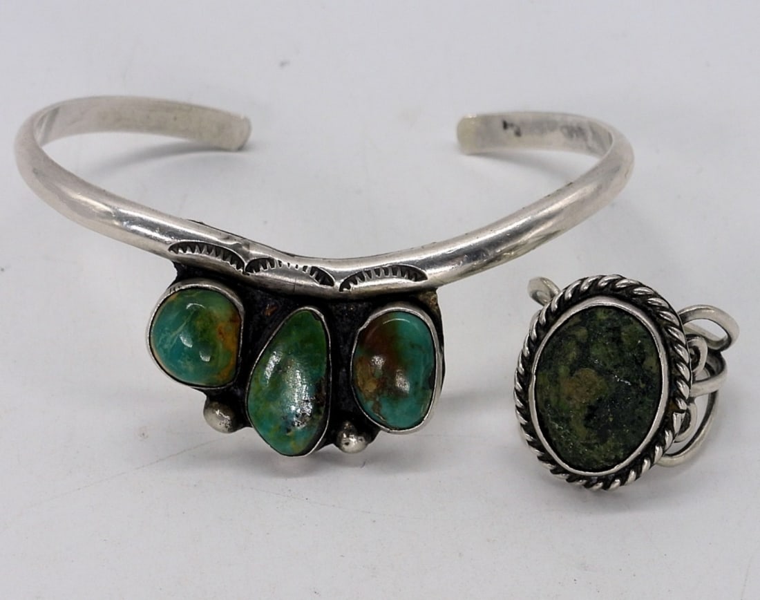 Green Turquoise Sterling Cuff and Ring (1 of 2)