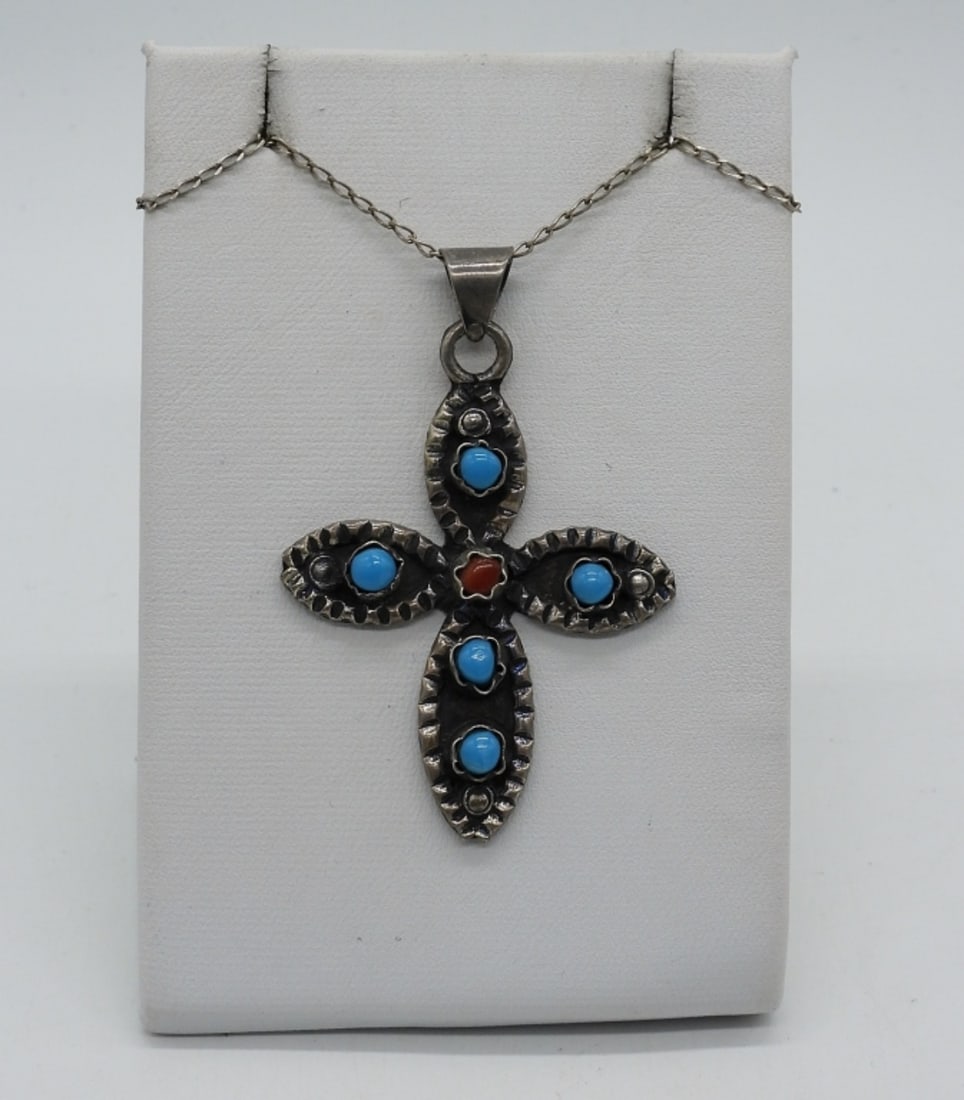 Taxco Sterling Turquoise Cross Necklace (1 of 2)