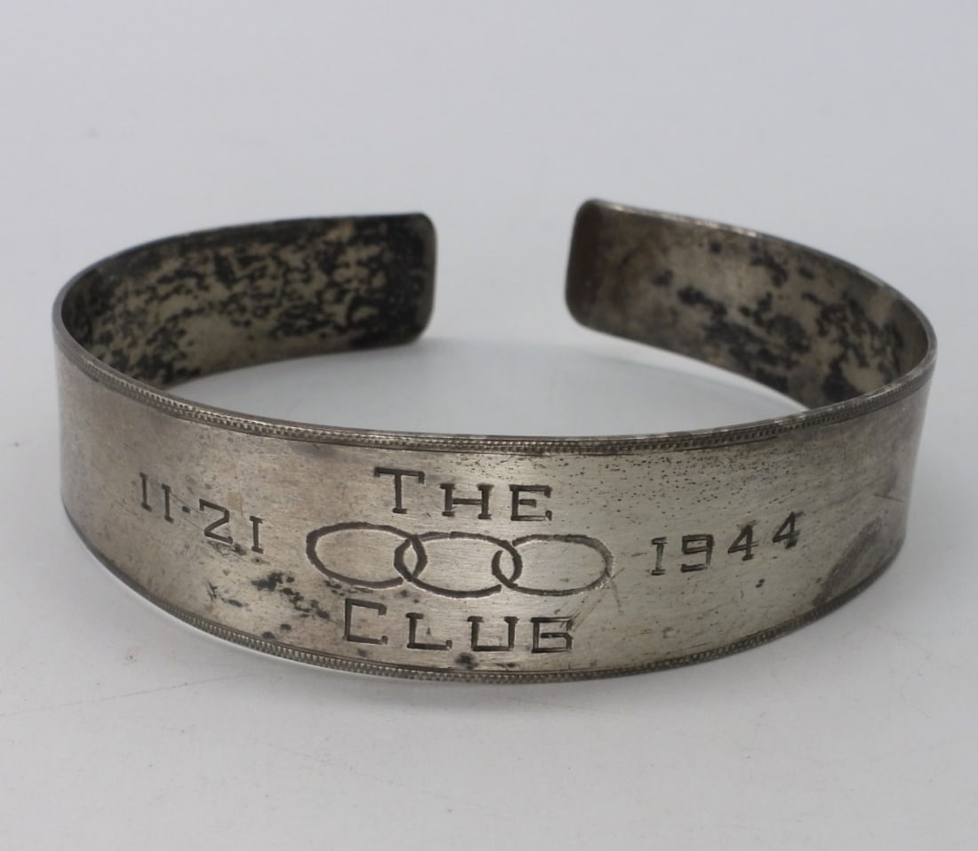 1944 Sterling Cuff Bracelet - Engraved: Engraved Vintage Sterling Cuff Bracelet. Engraved with The Club, 11-21 1944. Sterling has been tested. (11.6 dwt)