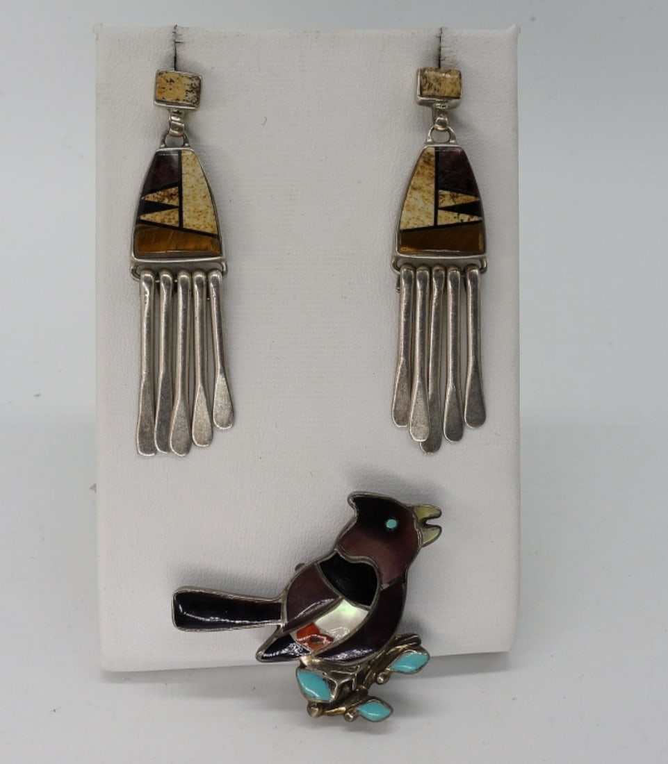 Calvin Begay 925 Native American Earrings: Calvin Begay sterling, Native American pierced earrings, 2" long. Gemstone inlaid bird pin, 1.5". (10 dwt)