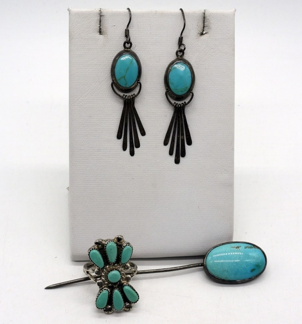 Light Blue Turquoise 925 Ring, Earrings & Pin: Light blue Turquoise gemstones in vintage sterling. Pierced earrings hang 2" long. Ring is size 5. Stick pin is 3" long and slightly bent. See Photos. (8 dwt)