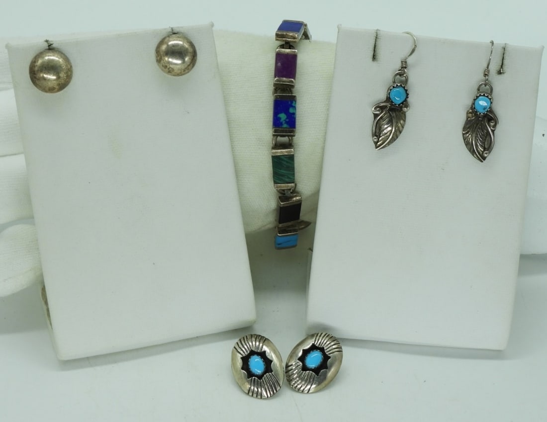 Southwest Turquoise Sterling Pieces: Three pair of sterling earrings, pierced and clip on. Multi gemstone, southwest style sterling bracelet. Turquoise, malachite, black onyx and more gemstones, 7" long. (22 dwt) (6x4x2)