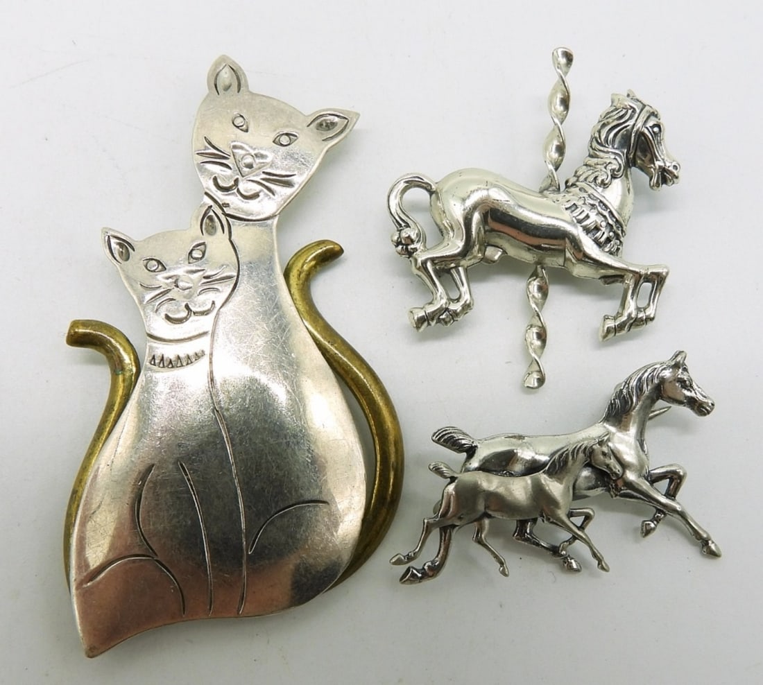 Taxco Cat Pin & Two Sterling Horse Pins (1 of 3)