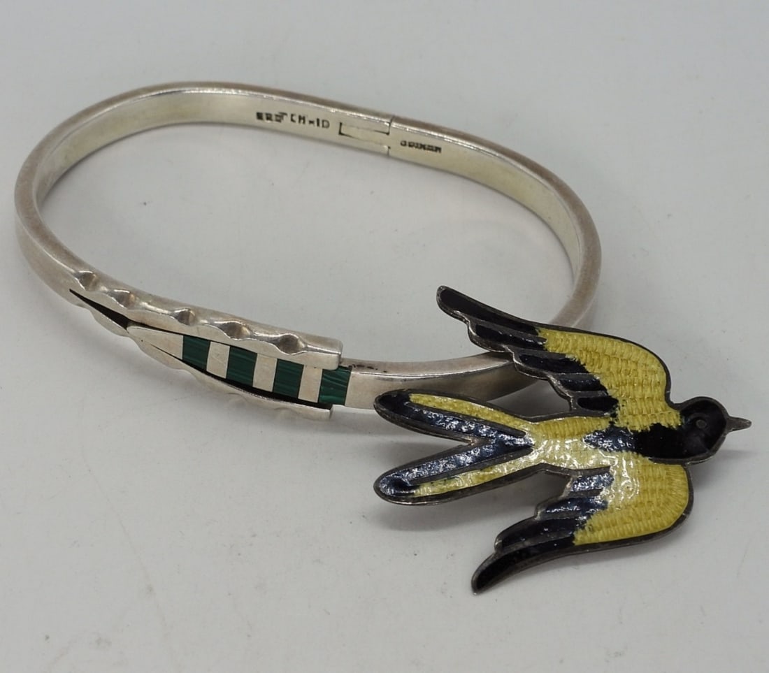 Mexico 925 Enamel Pin & Malachite Bracelet: Mexico sterling enamel bird pin, 1.5" wide. Malachite inlay sterling bracelet, hinged. See photos for markings. (20 dwt)