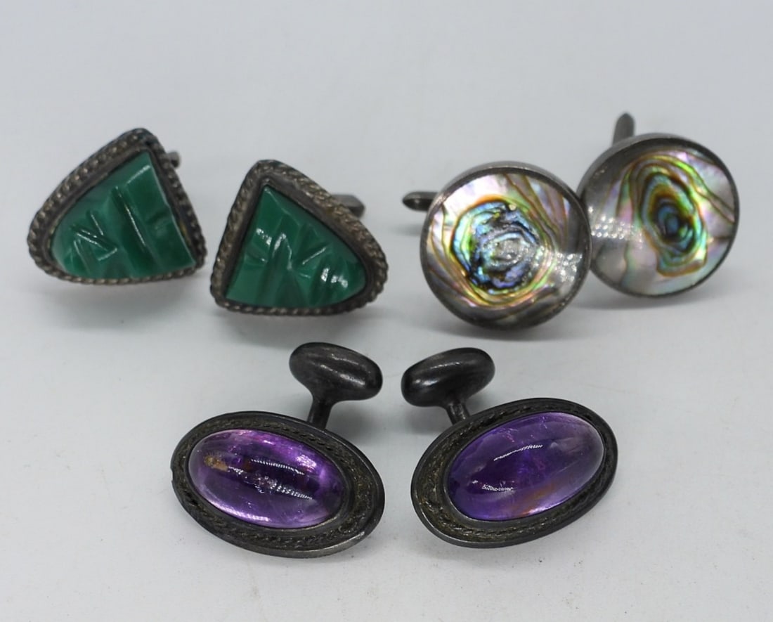 3 Pair Vintage Sterling Gemstone Cuff Links (1 of 2)