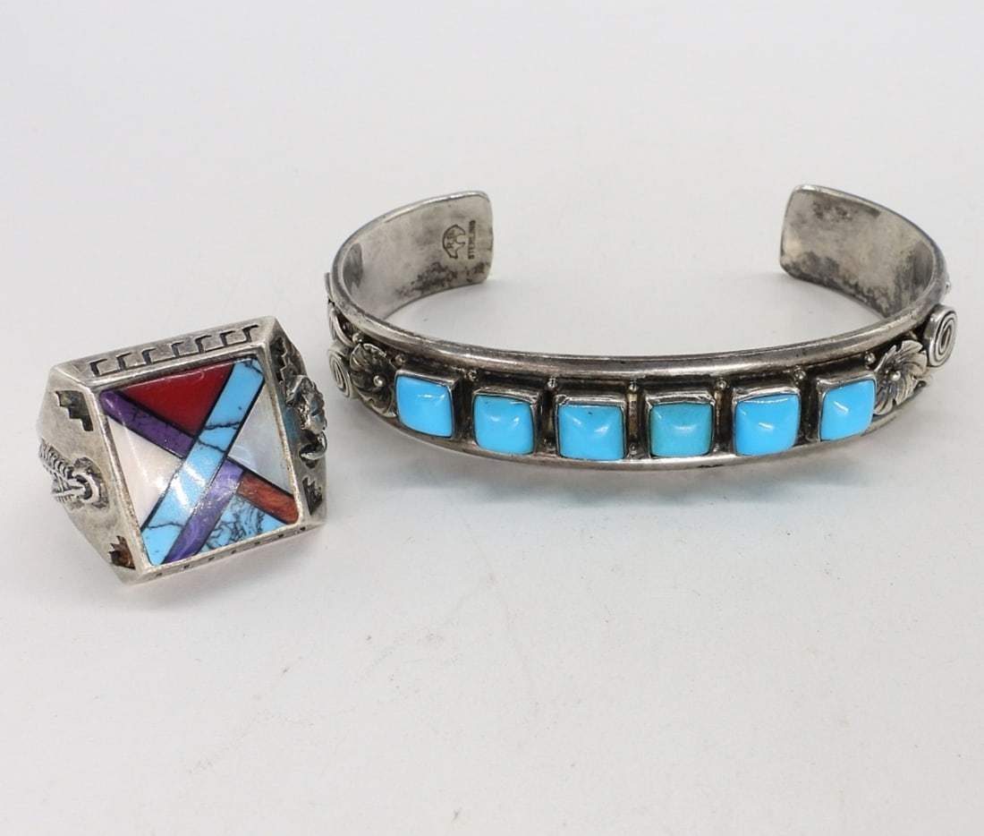 Native American Turquoise Cuff & Ring: Native American sterling and turquoise cuff bracelet with beautiful detailing! Marked with a bear icon, sterling and M. Unmarked sterling ring with inlaid turquoise and other gemstones, size 12. (21 d