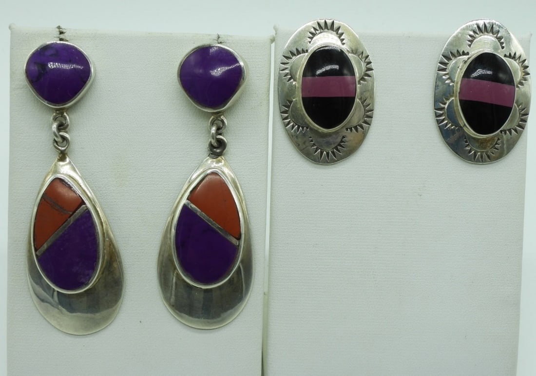 2 Pair Taxco Sterling Gemstone Earrings: Two pair of pierced sterling earrings with pretty pink, purple, red and black gemstones. 1.5" - 2.5" long. Both are Taxco Mexico "TC-237" & "TJ-37?". (27 dwt) (6x4x2)