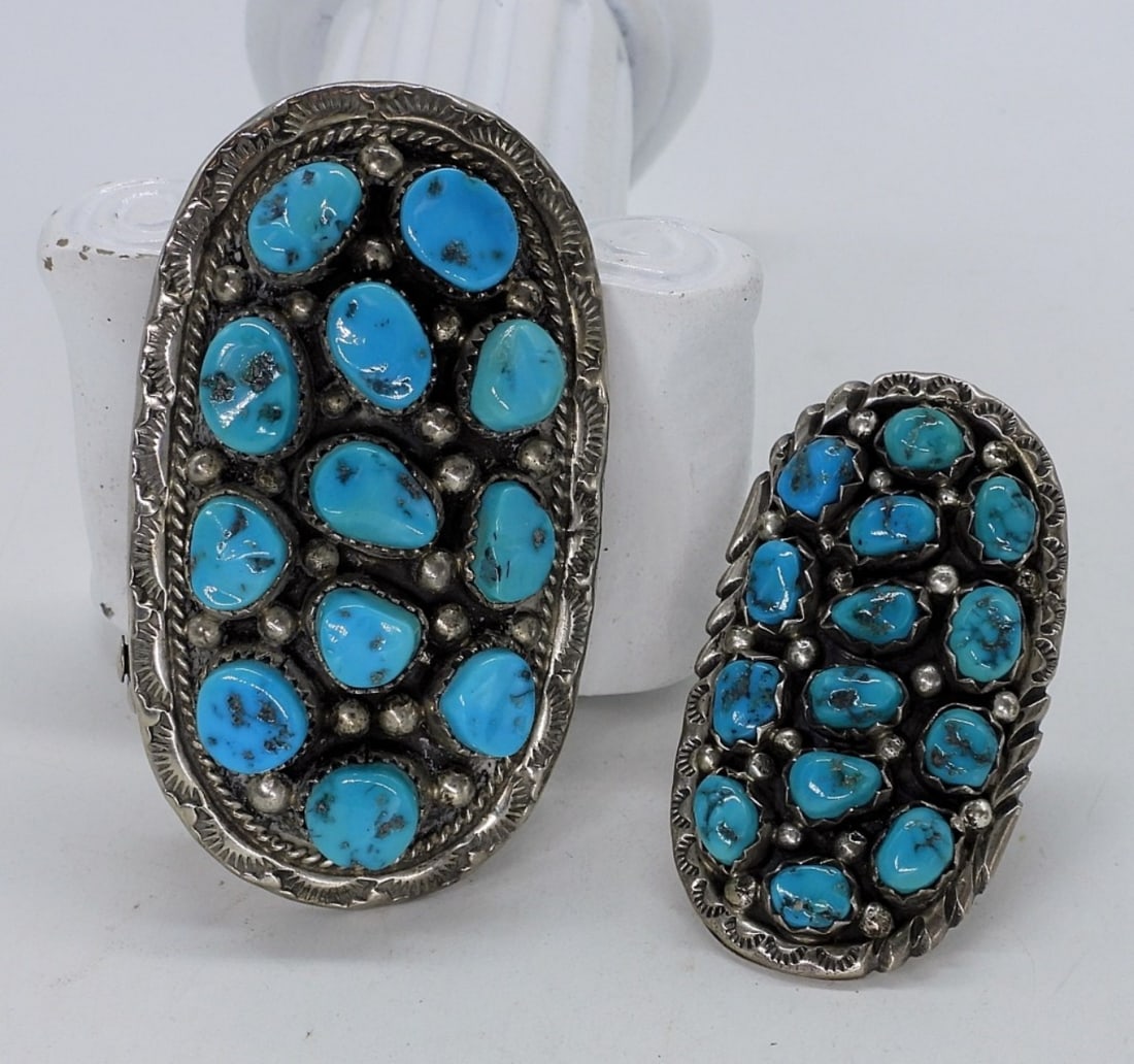 Matching Navajo Turquoise 925 Ring & Buckle: Matching Navajo sterling turquoise ring (size 8) and belt buckle (2.5" x 1.5"). Ring marked Sterling JJ. Buckle marked Sterling KK. (27 dwt)