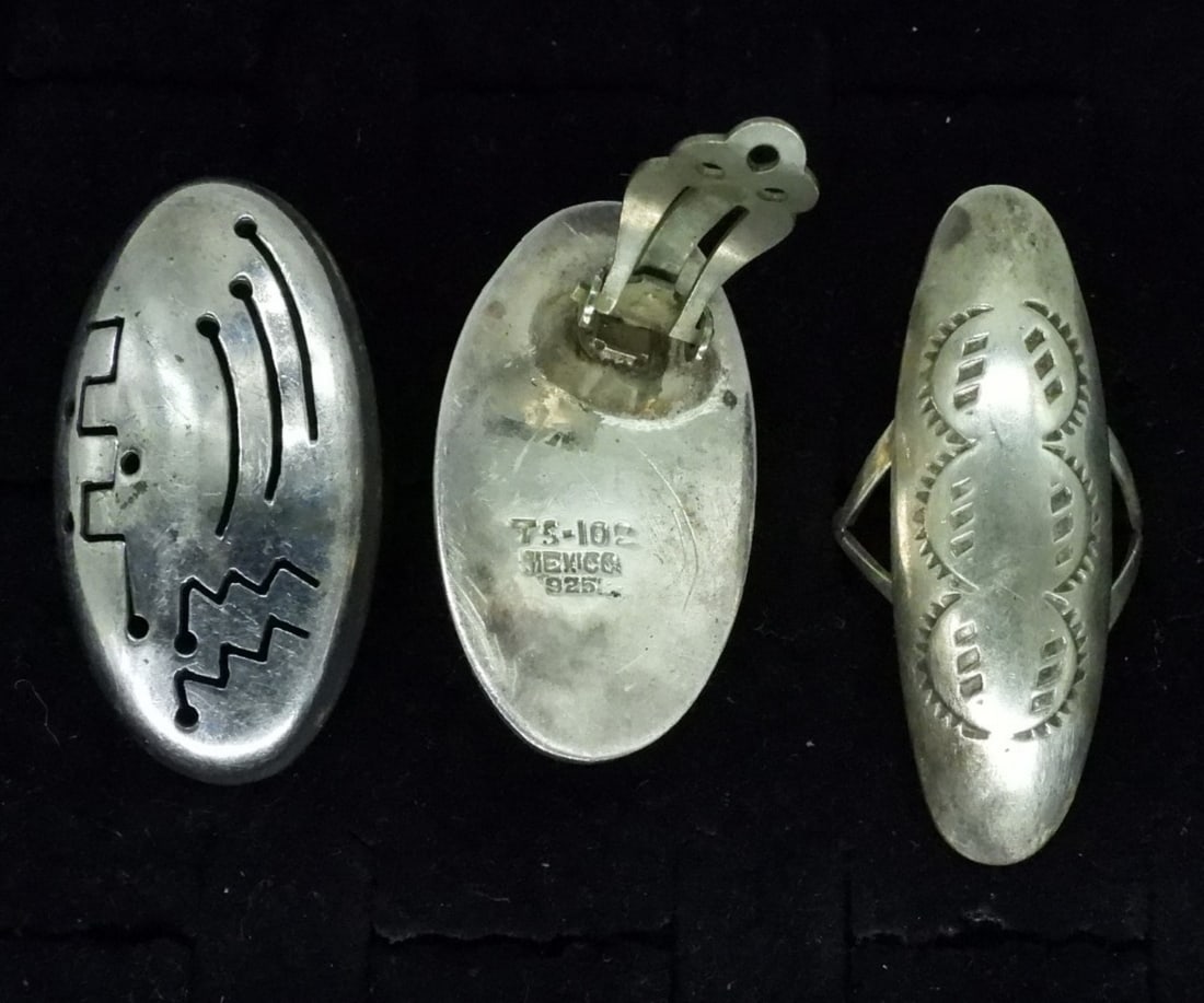 Taxco Tribal Earrings & 925 Ring: Sterling Taxco Mexico "TS-102" clip on tribal design earrings, 1.5" long. Sterling Ring with tribal designs, size 6 (not Taxco). (12.5 dwt) (6x4x2)