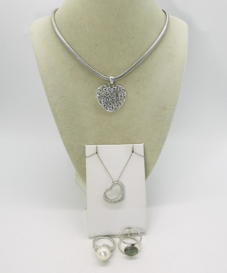 Heart Necklaces, Pearl Ring & More 925: Two sterling heart necklaces, 15" & 18". Two rings, sizes 7, 8 (20.2 dwt) (6x4x2)
