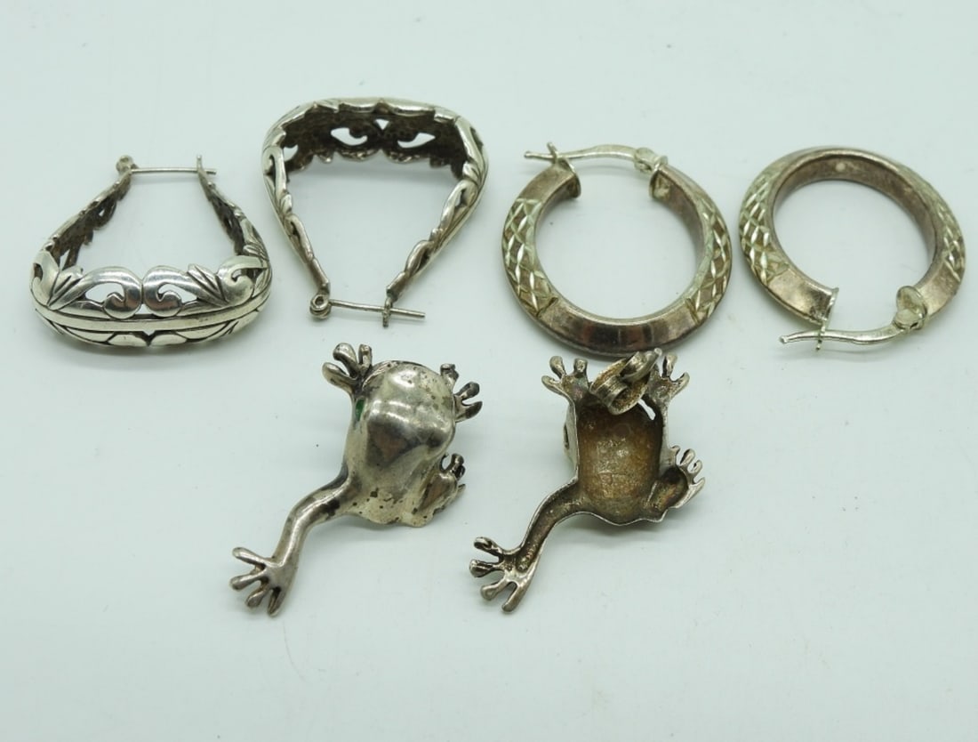 3 Sterling Vintage Pierced Earrings: Three pair of sterling pierced earrings. Two pair of hoops and one pair of frogs. 1" - 1 1/4" long. (14 dwt)