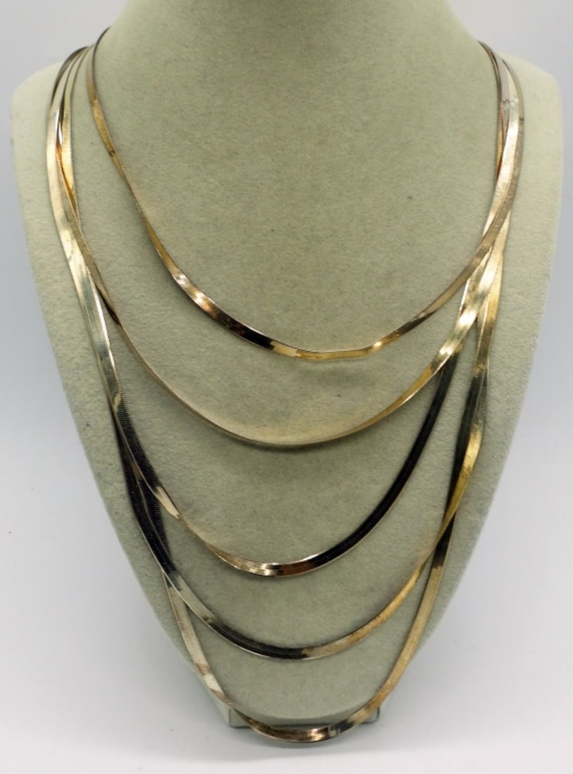 5 Strand Sterling Herringbone Necklace: Five strand, sterling herringbone necklace, 24" long. (21.5 dwt)