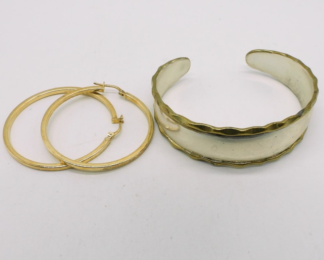 Gold Tone 925 Bracelet & Hoop Earrings: Sterling gold toned cuff bracelet. Gold tone sterling hoop pierced earrings, 1.5" long. (12.6 dwt)