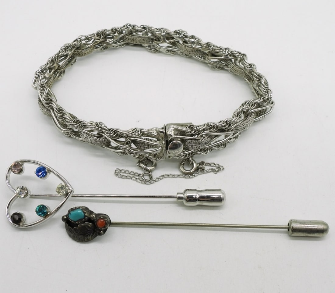 Vintage Sterling Bracelet & Two Stick Pins: Vintage sterling bracelet, working clasp and safety chain, 7.5" long. Two sterling stick pins, one with multiple gemstones and one with turquoise. (16.5 dwt)