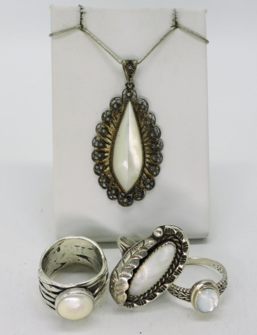 Sterling Mother of Pearl Rings and Necklace (1 of 1)