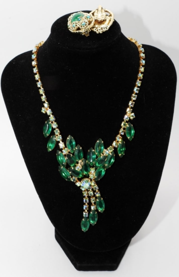 Green Stone & Gold Tone Set: Earrings Are Clip Ons