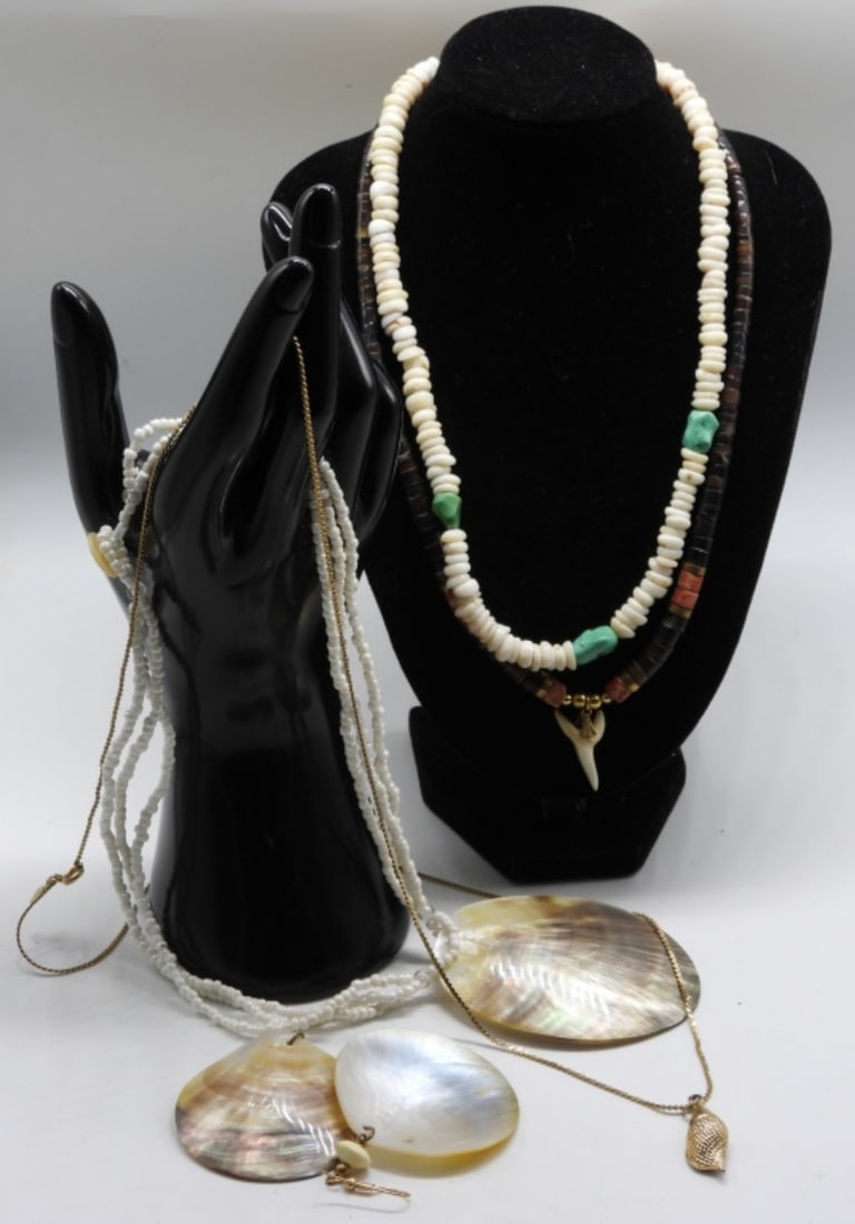 (4) Shell Necklaces (1) Pair Of Earrings: Including a shark tooth necklace