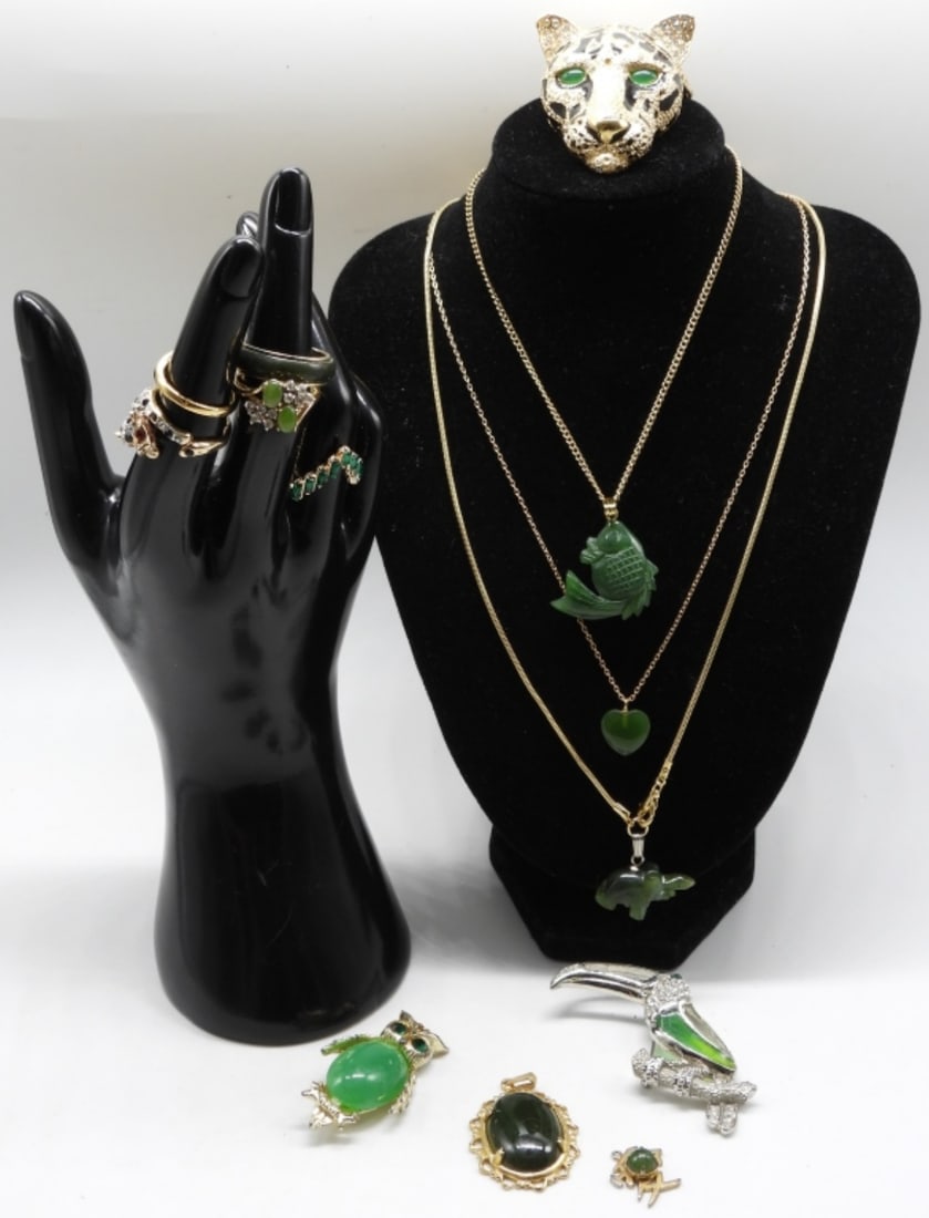 Jaded & Green Lot: (3) Brooches, (5) Pendants, (3) Gold-tone chains, (4) Rings, Sized: 5- 7 & a bonus cheetah ring with red and black rhinestones sized:5.5