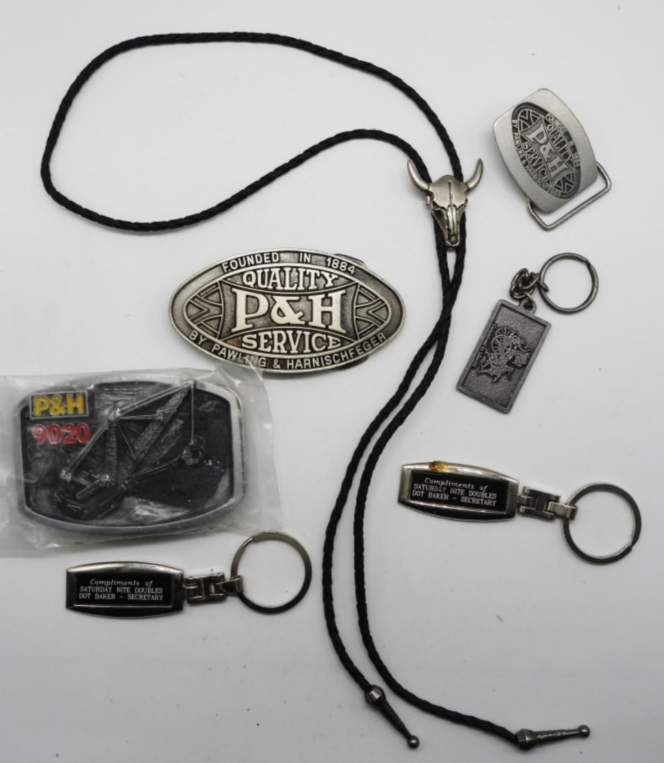 Key Chains & Belt Buckles & Bolo Tie: (3) Key Chains, (3) P&H Belt buckles, (1) Bolo Tie