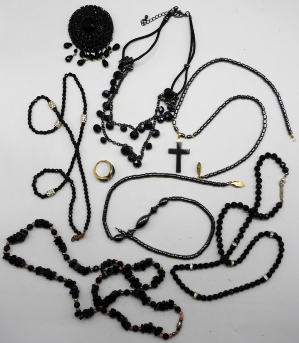 Black Beads & Clear Rhinestones: (6) Necklaces (1) Brooch (1) Ring sized:6.5