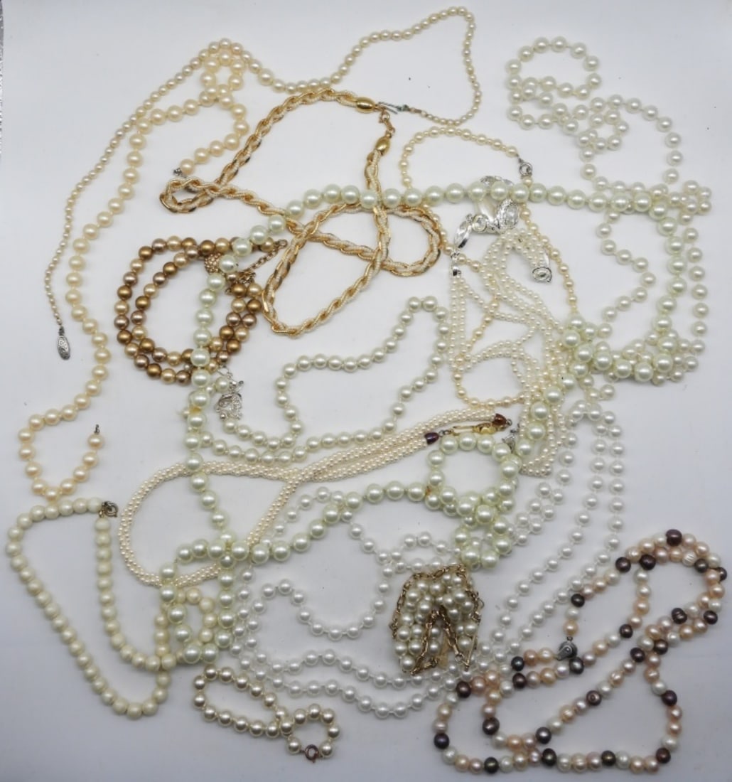 Faux Pearls White & Gold-Tone: (13) Faux Pearl style necklaces (2) Bracelets