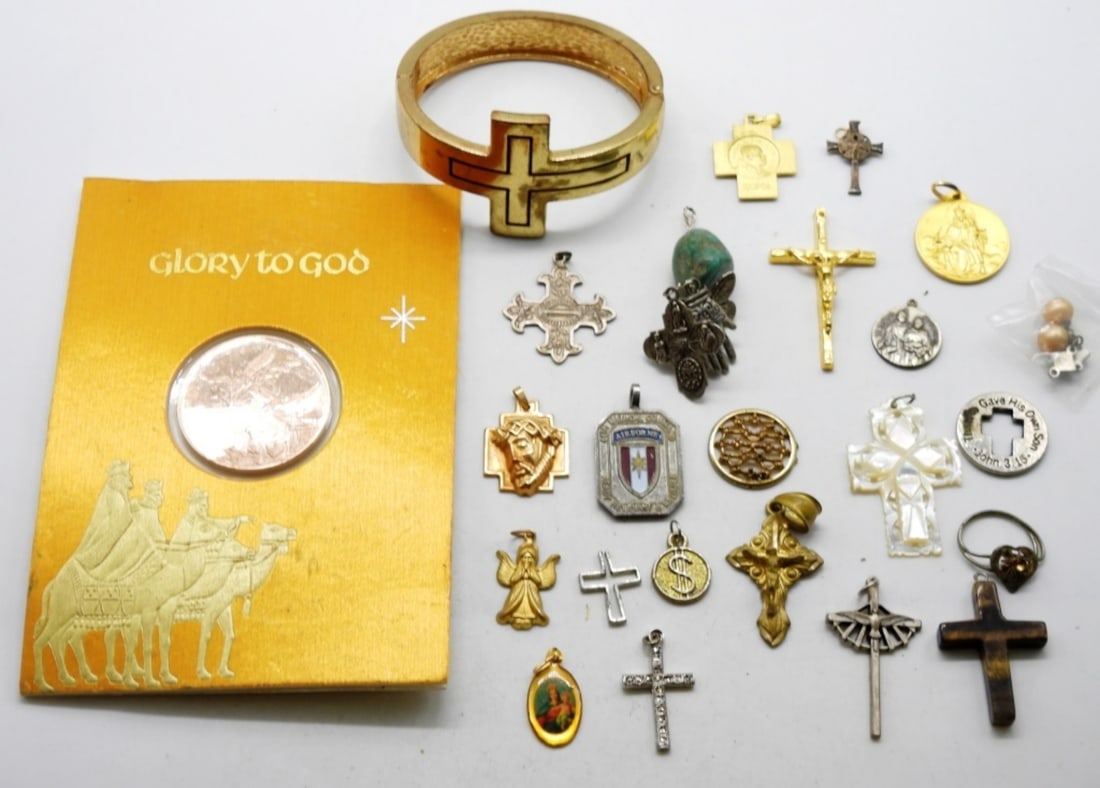 Religious Lot: A mix of pendants, coins, and a bracelet