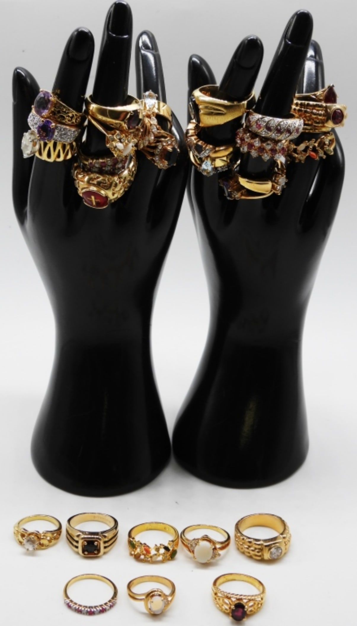 (30) Gold-Tone Rings: all different styles. Sizes range from size 5 to 13