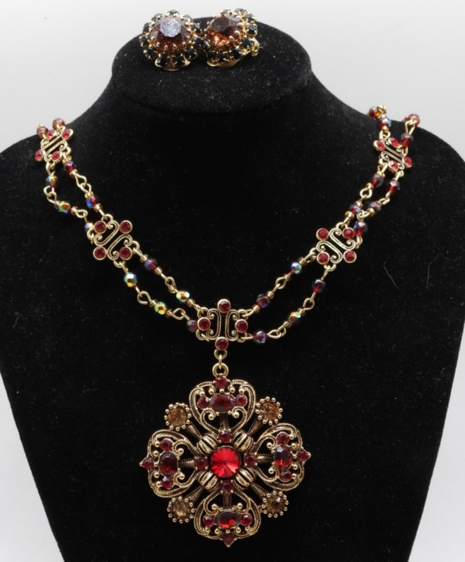 Rhinestone Necklace & Earring Set: Multi-color stone necklace adjustable with clip-on earrings