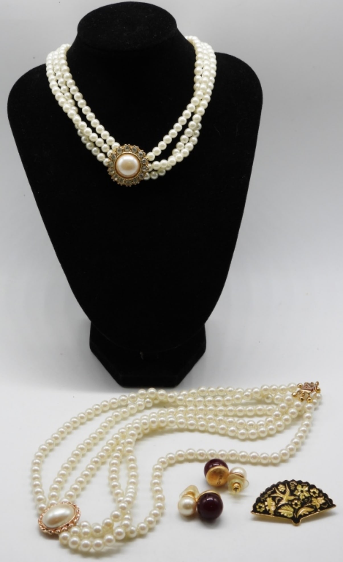 Faux Pearl Necklaces, Earrings & Pin set: 2- Faux necklaces 1- set of pierced earrings and 1- fan pin
