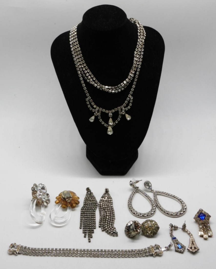 Rhinestone Necklace, Bracelet, Earring Lot: 3 sets of earrings are pierced, 2 are clip-on, 2 bracelets, 1 necklace
