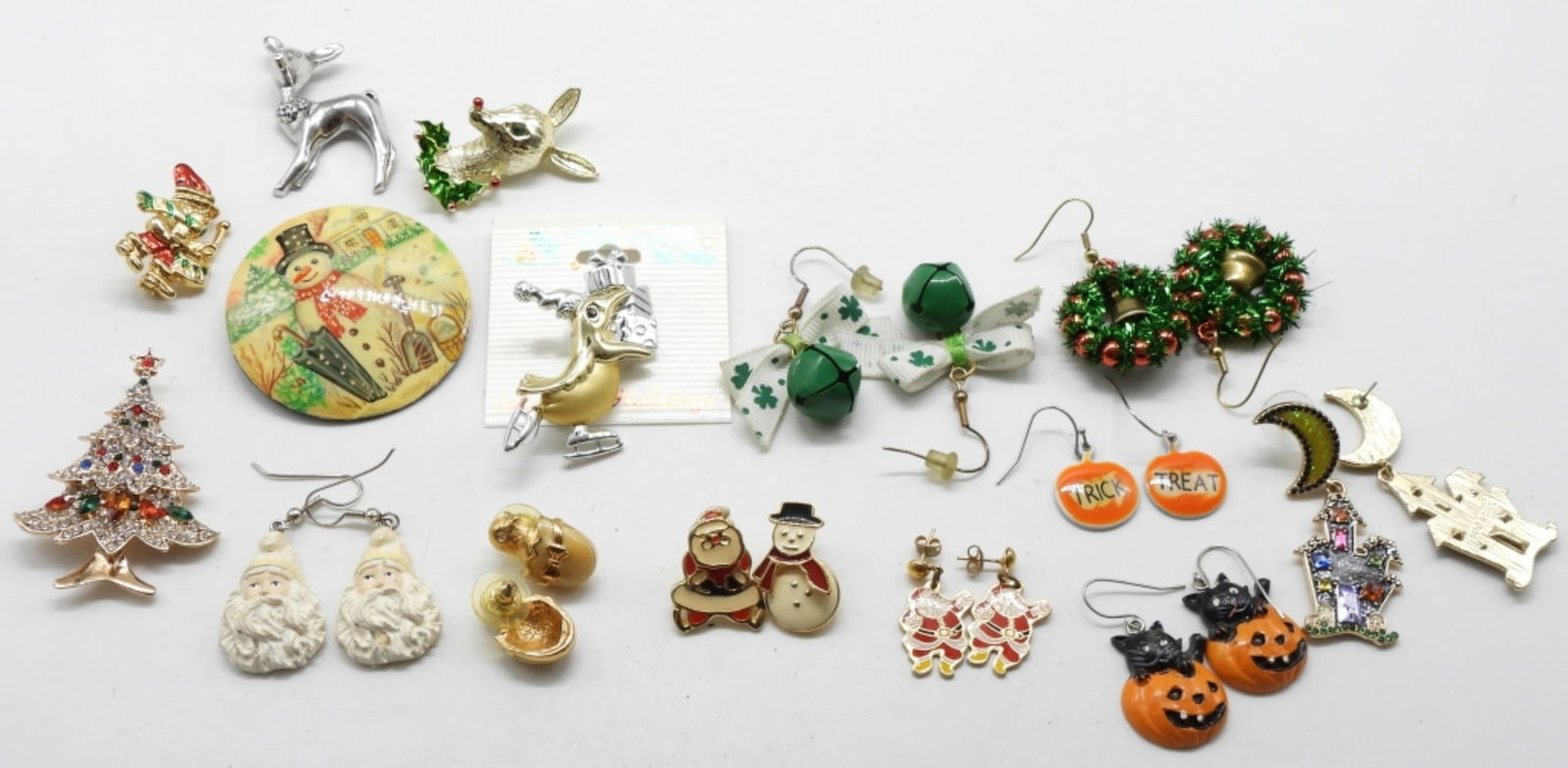 Festive Holiday Themed Lot- Earrings and Pins: 15 pieces. Post earrings- St Patrick's Day, Christmas, Easter and more