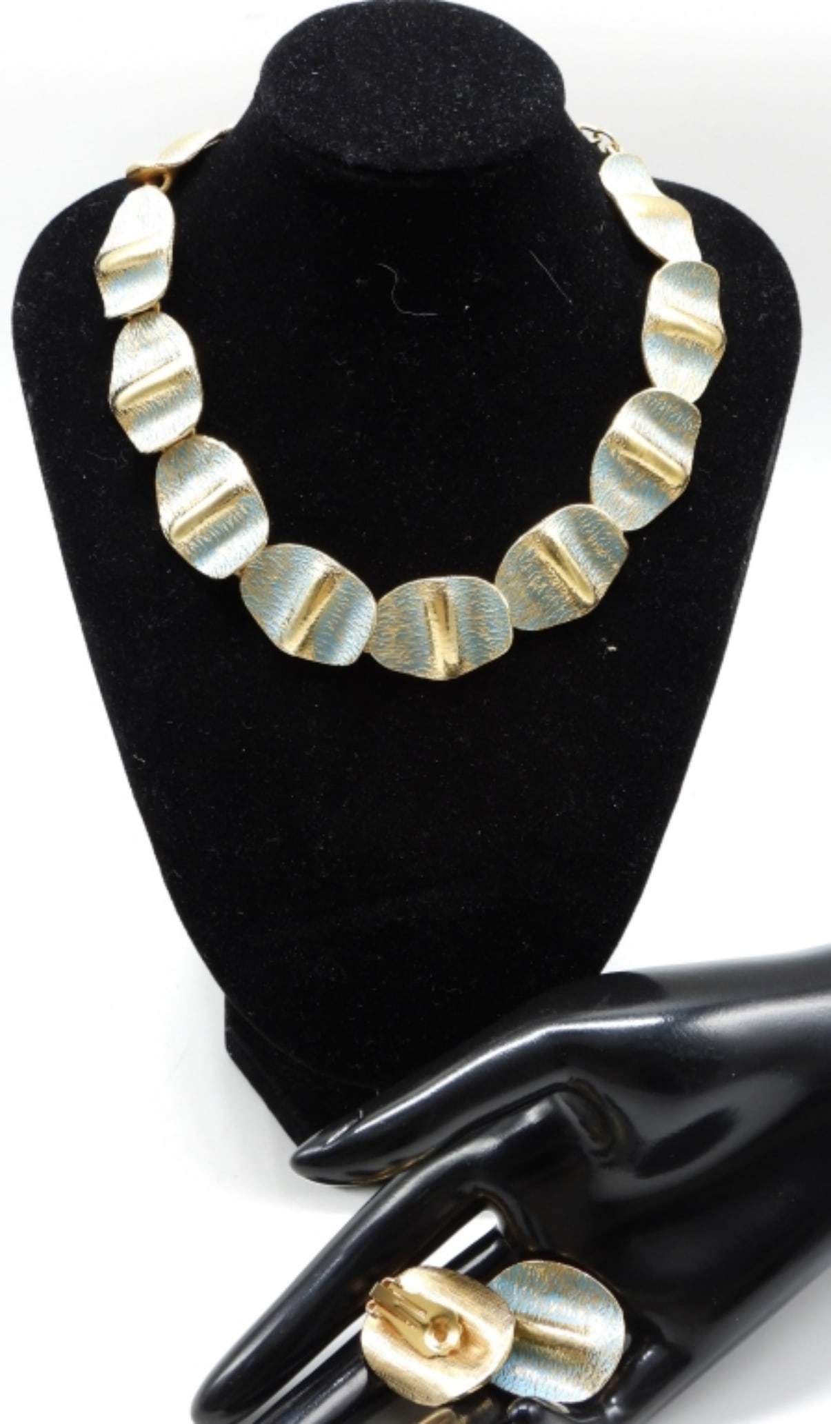 Necklace & Clip On Earring Set: Baby Blue & Gold Tone