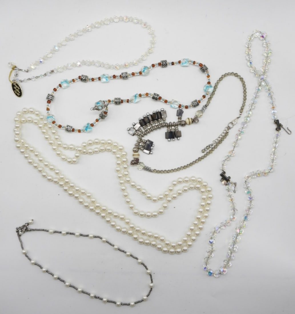 (6) Clear Bead & Faux Pearl Necklaces: Shiny