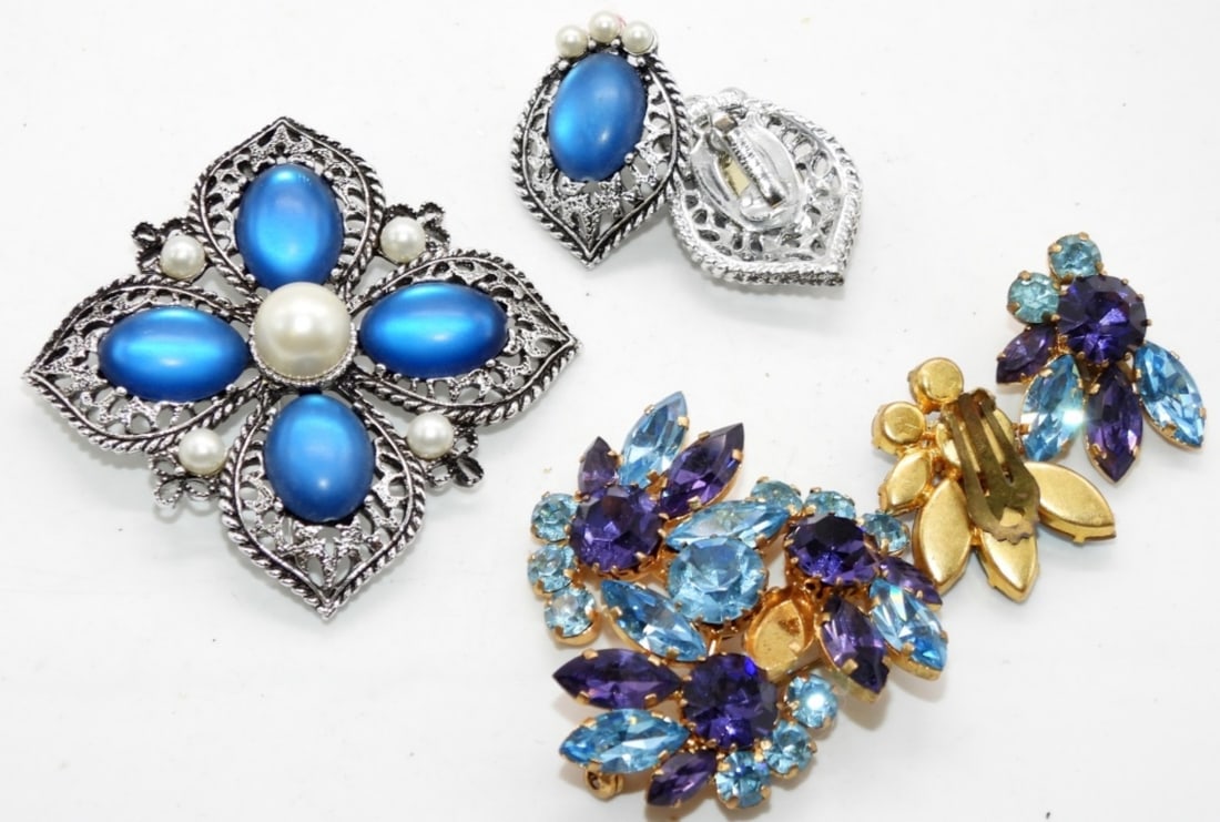 (2) Brooch & Clip-On Set: Very pretty sets. The purple and blue brooch is missing a stone.