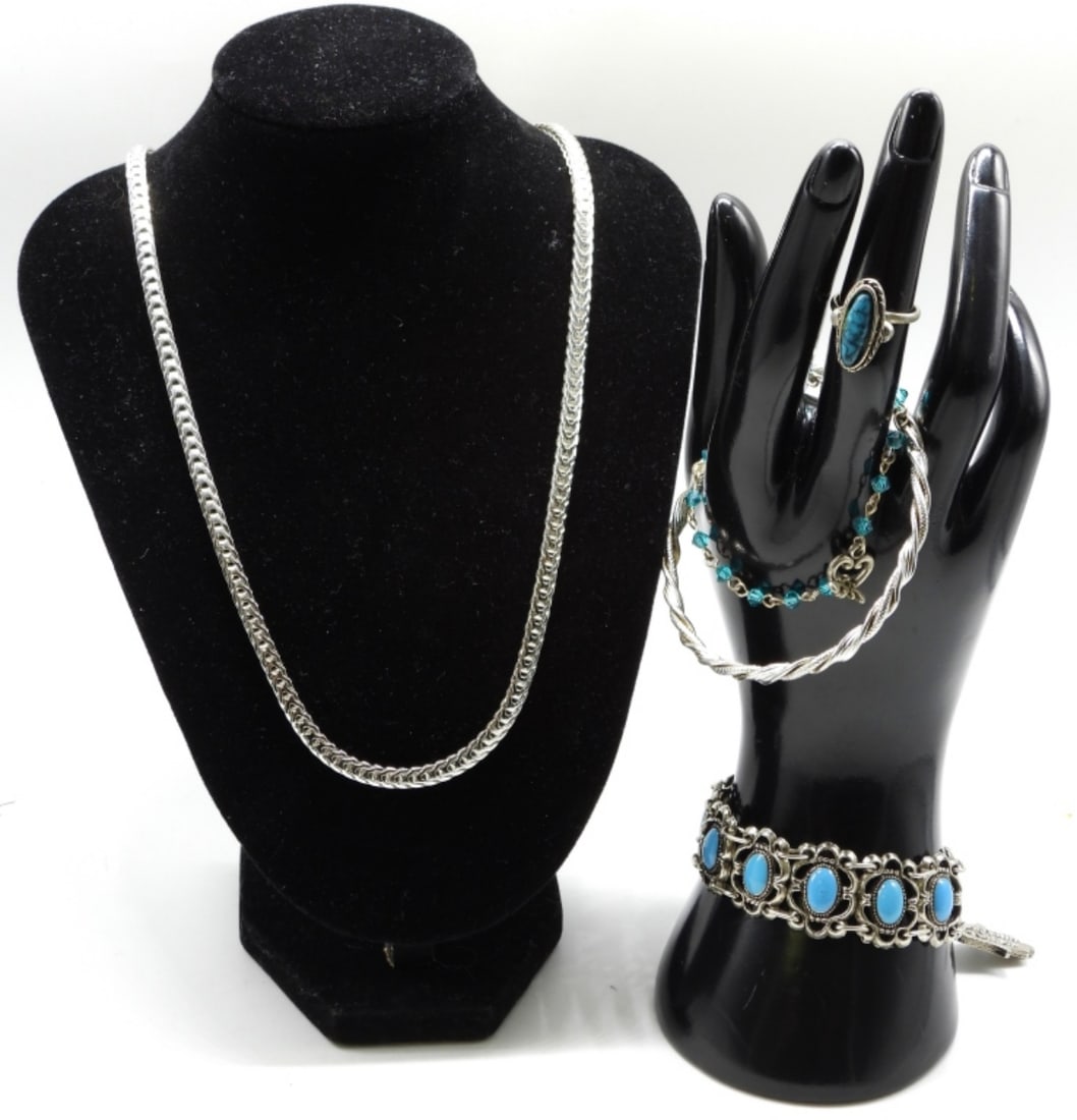 Silver-Tone & Blue Lot: 1 necklace, 3 bracelets & 1 ring (size 7)