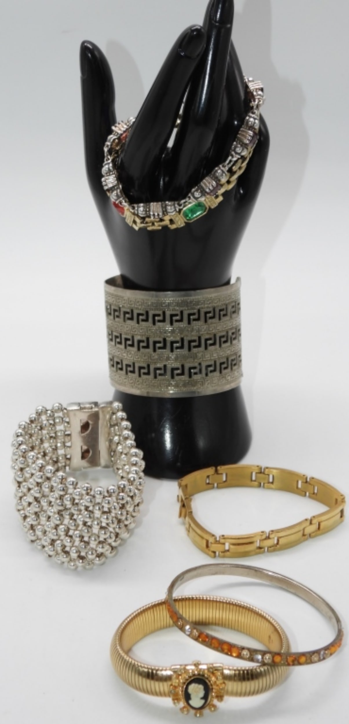 (7) Chunky Bracelets: Beautiful piece. Beaded silver-tone bracelet is broken could be repaired.