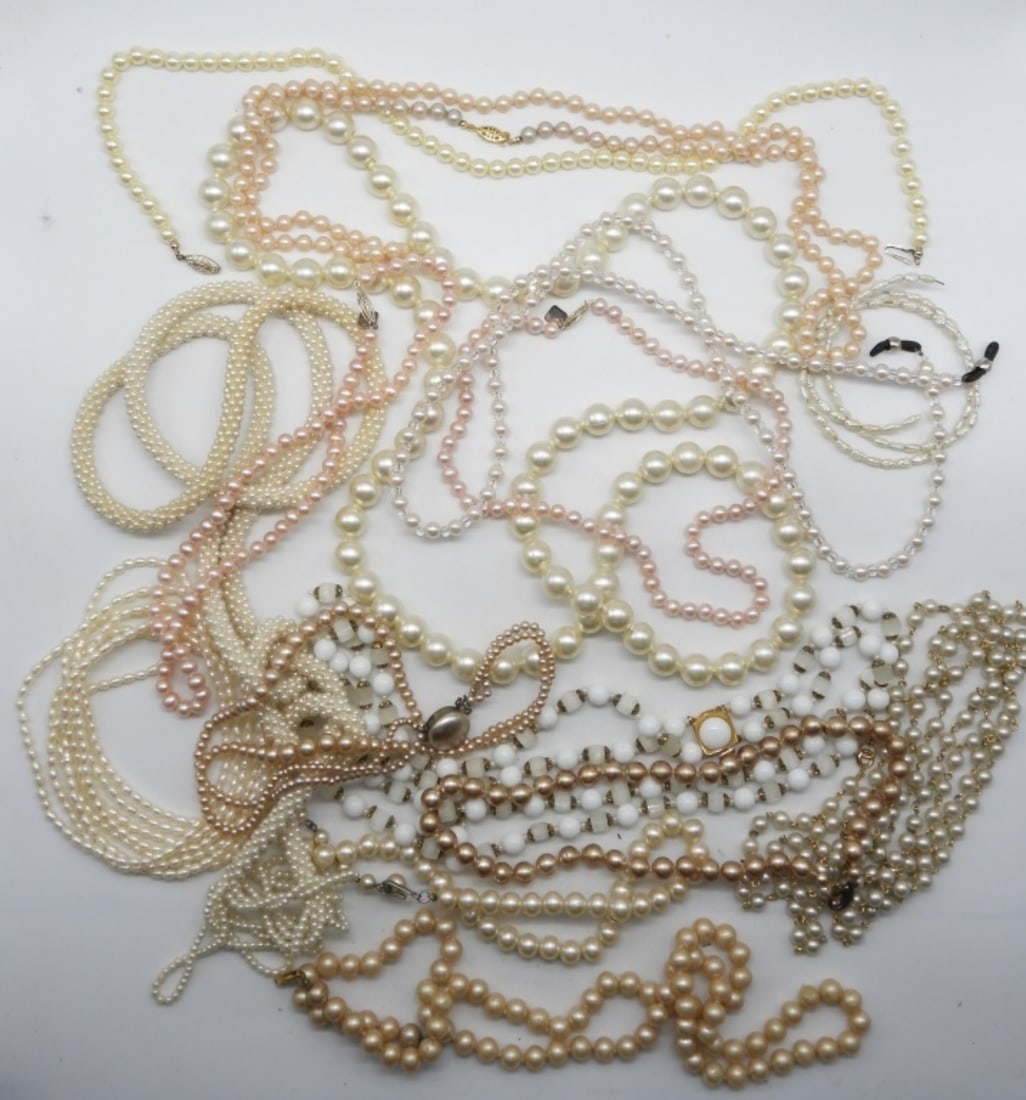 (13) Faux Pearl Necklaces & (1) Bracelet: All different styles, lengths and sizes