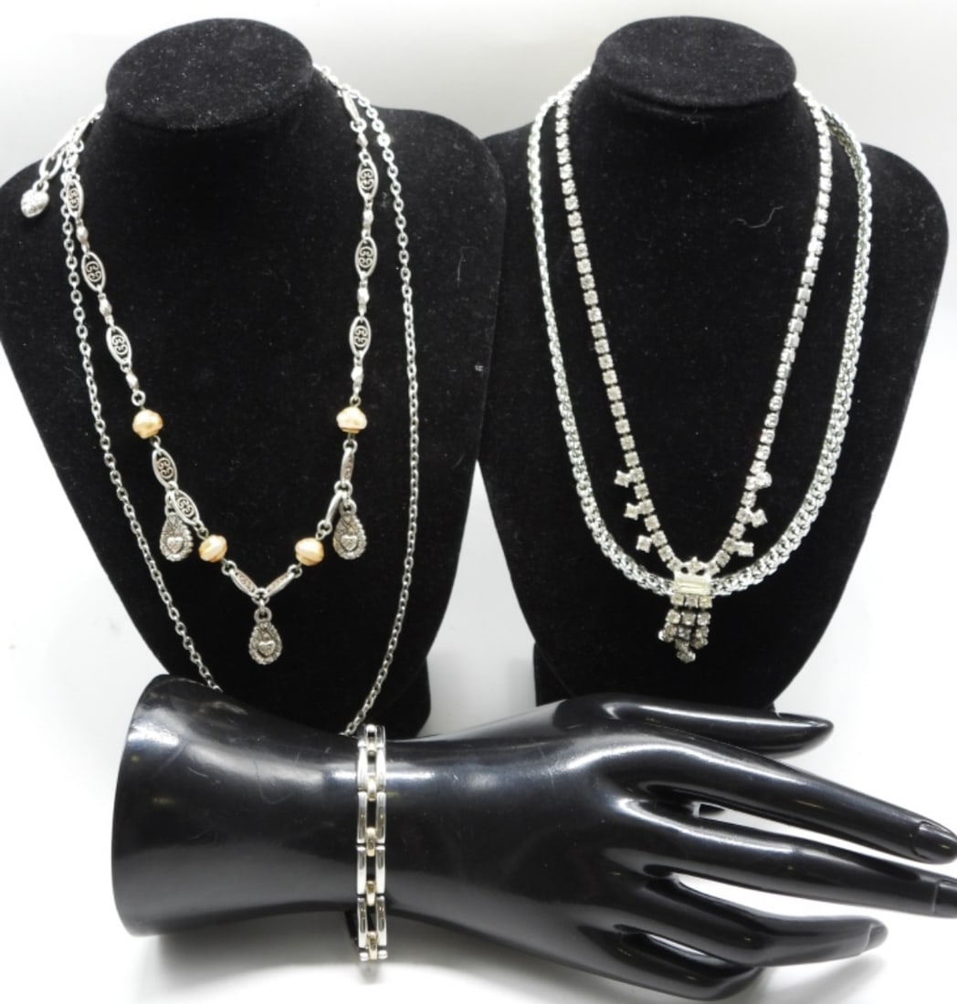 (4) Silver-Tone Necklaces & (1) Bracelet: Various lengths, sizes and styles