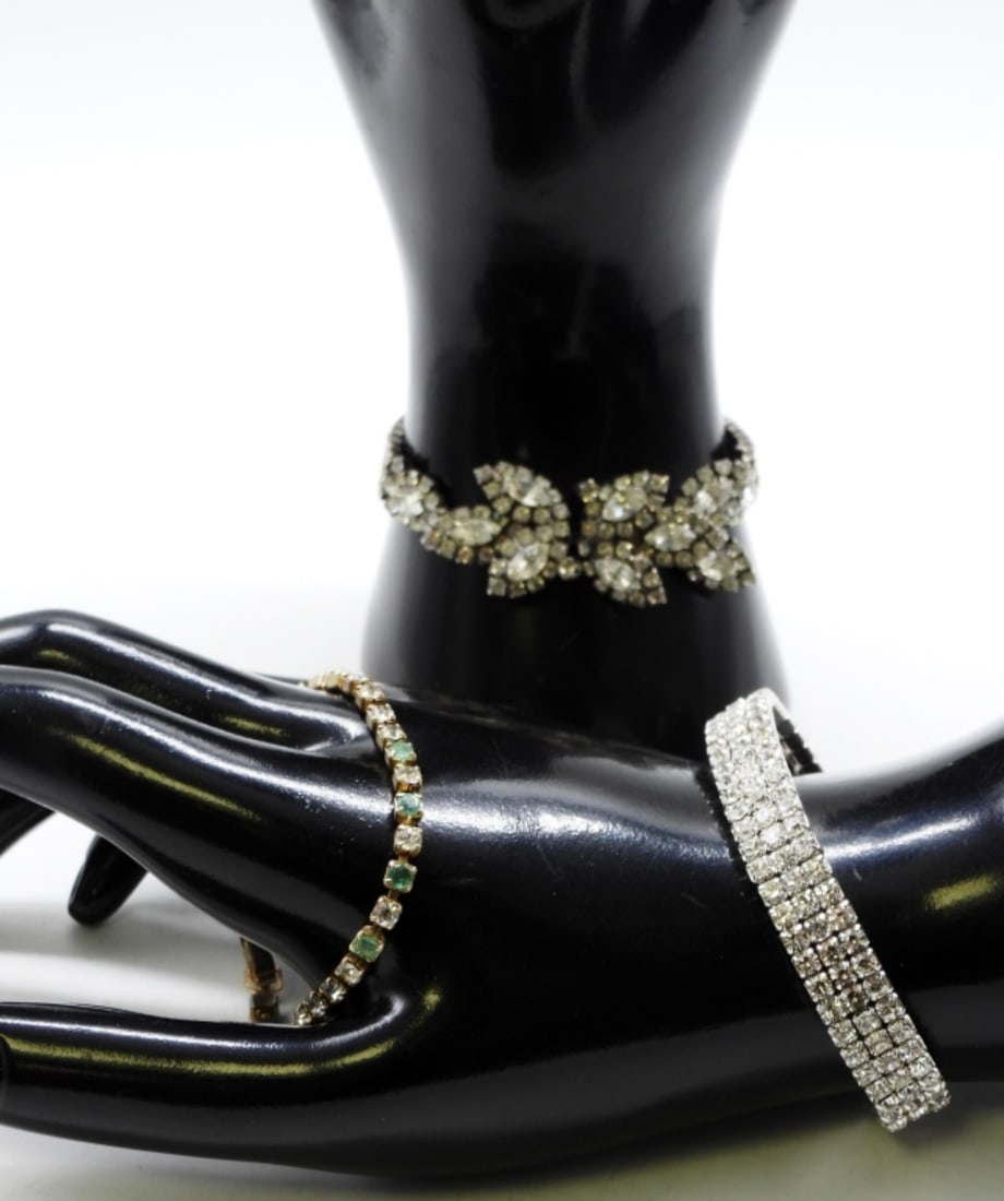 (3) Clear Rhinestone Bracelets: Bid at the number one auction house, vintageauctiononline.com