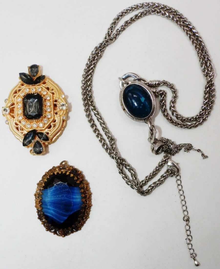 (3) Blue Stone Pendants: (2) Gold-Tone (1) Silver-Tone