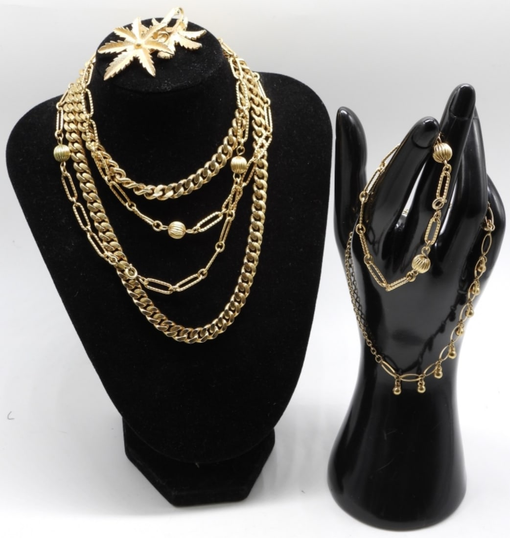 Gold-Tone Lot: (1) Choker (2) Necklaces (1) Bracelet (1) Pair of clip-on earrings