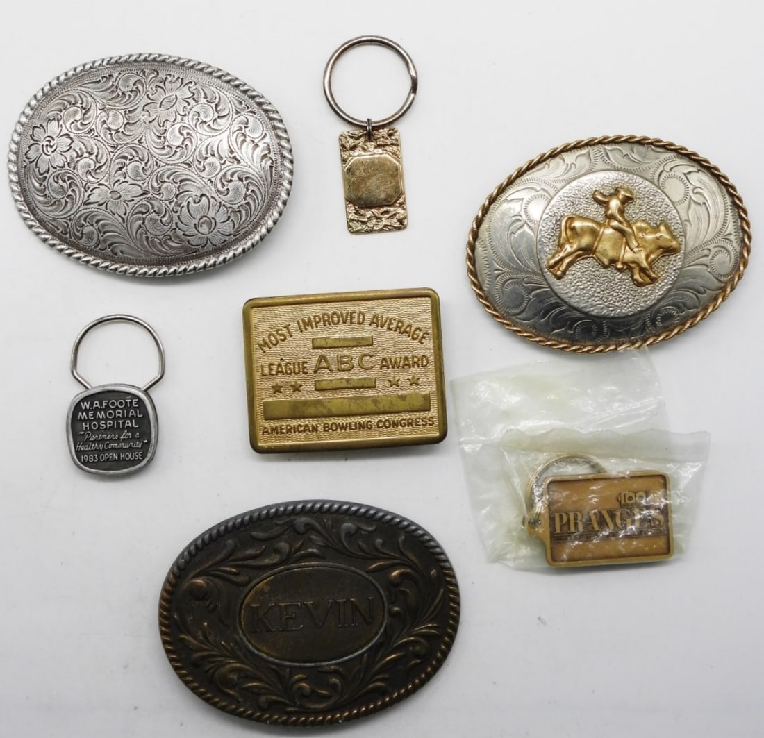 (4) Belt Buckles and (3) Key Chains: Check out our new site, vintageauctionsonline.com