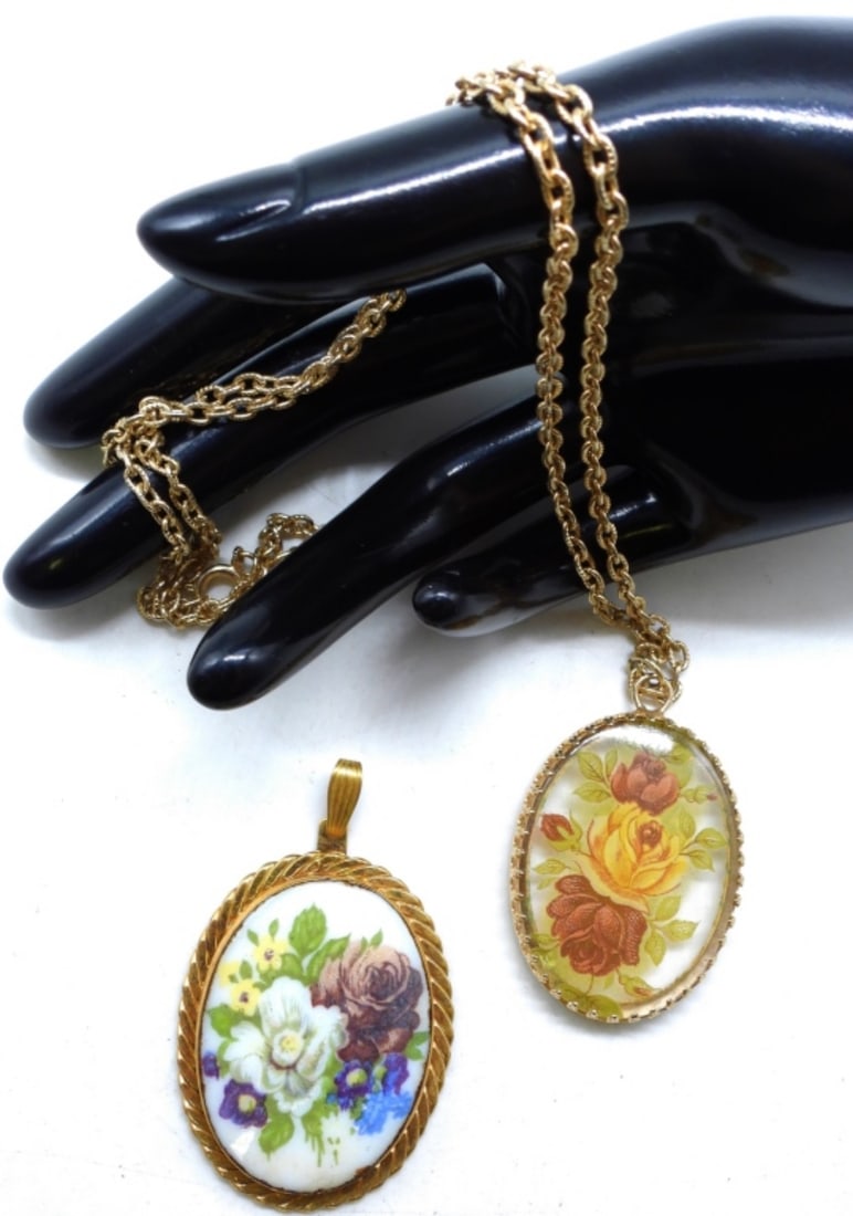 (2) Gold-Tone Floral Cameo Pendants: (1) Gold-tone chain