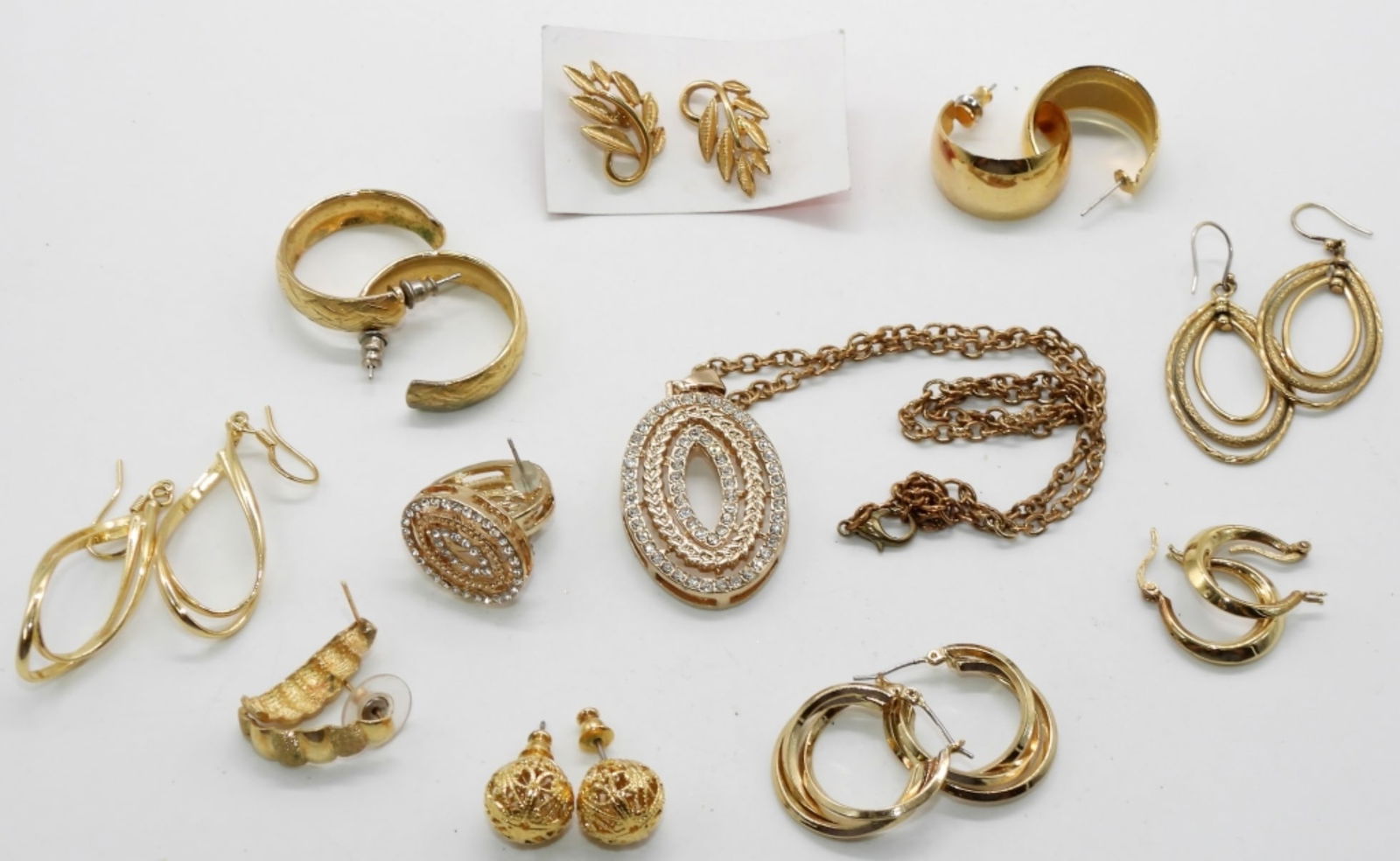 (10) Pair of Gold Tone Earrings: 1 Matching Necklace All Post Back