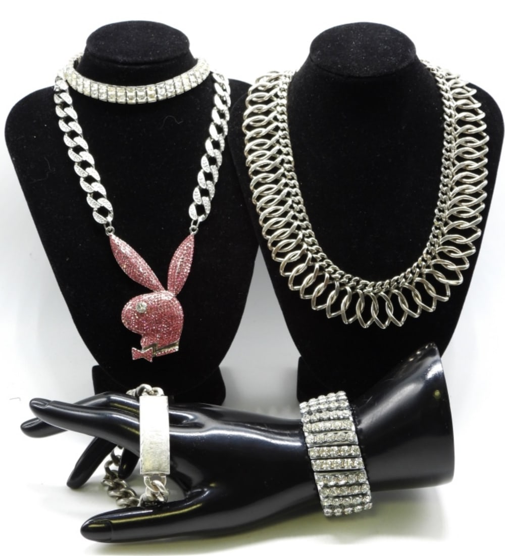 (5) Silver-Tone Bracelet & Necklaces: Silver-tone with a little pink. Fun pieces