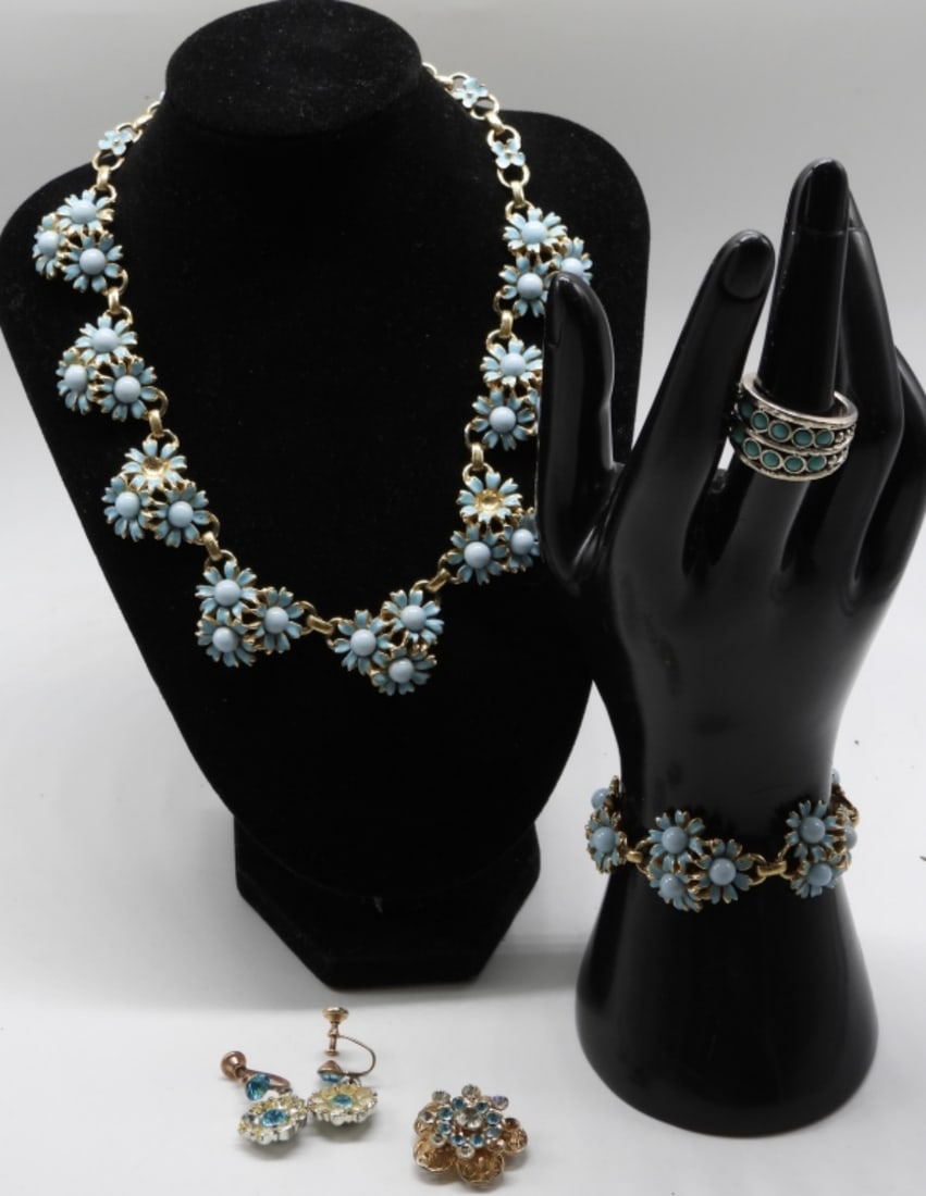 Gold-Tone & Light Blue Jewelry: 1 Necklace, 1 bracelet, 1 pair of earrings & 1 ring (size 7)
