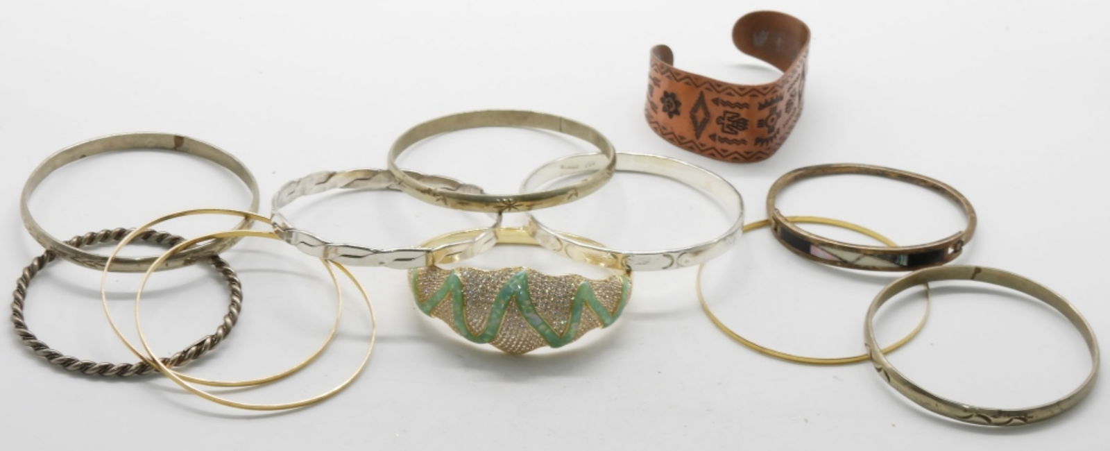 (12) Bangle Bracelets: Silver & Gold tone bracelets